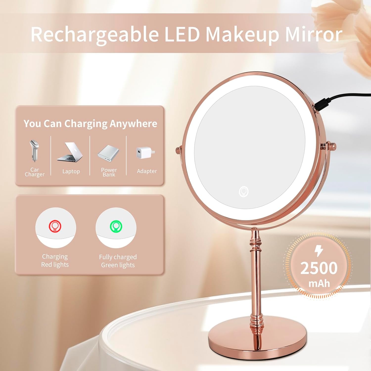 10X Lighted Magnifying Mirror Rose Gold, 12 Pcs Makeup Brushes with Holder